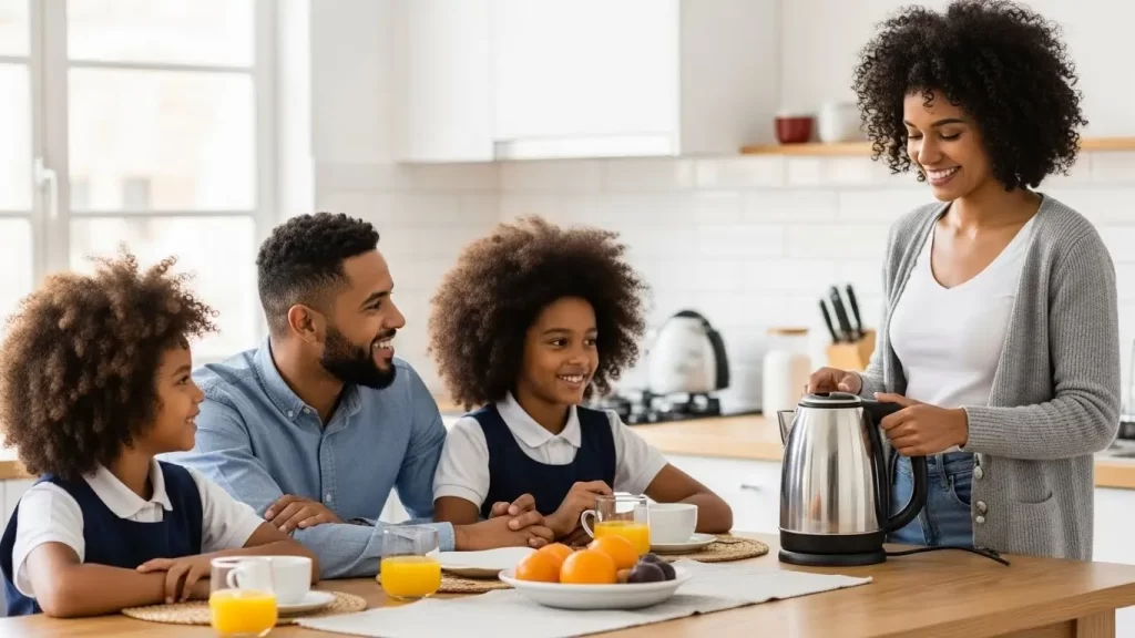 Família reunida no café da manhã em cozinha moderna enquanto adulto utiliza chaleira elétrica barata Agratto para aquecer água