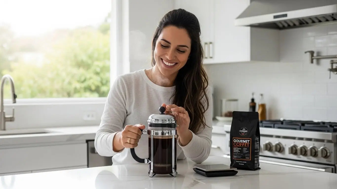 Pessoa preparando café em uma cafeteira barata tipo French Press em cozinha moderna e organizada