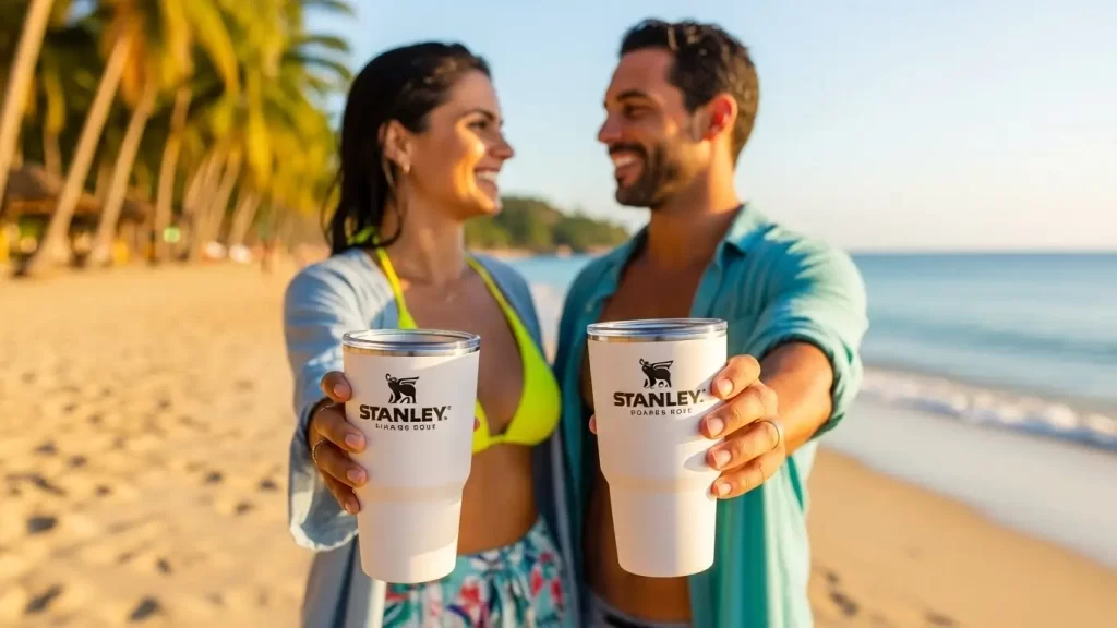 Duas pessoas segurando copo térmico barato Stanley em praia tropical, ideal para manter bebidas geladas