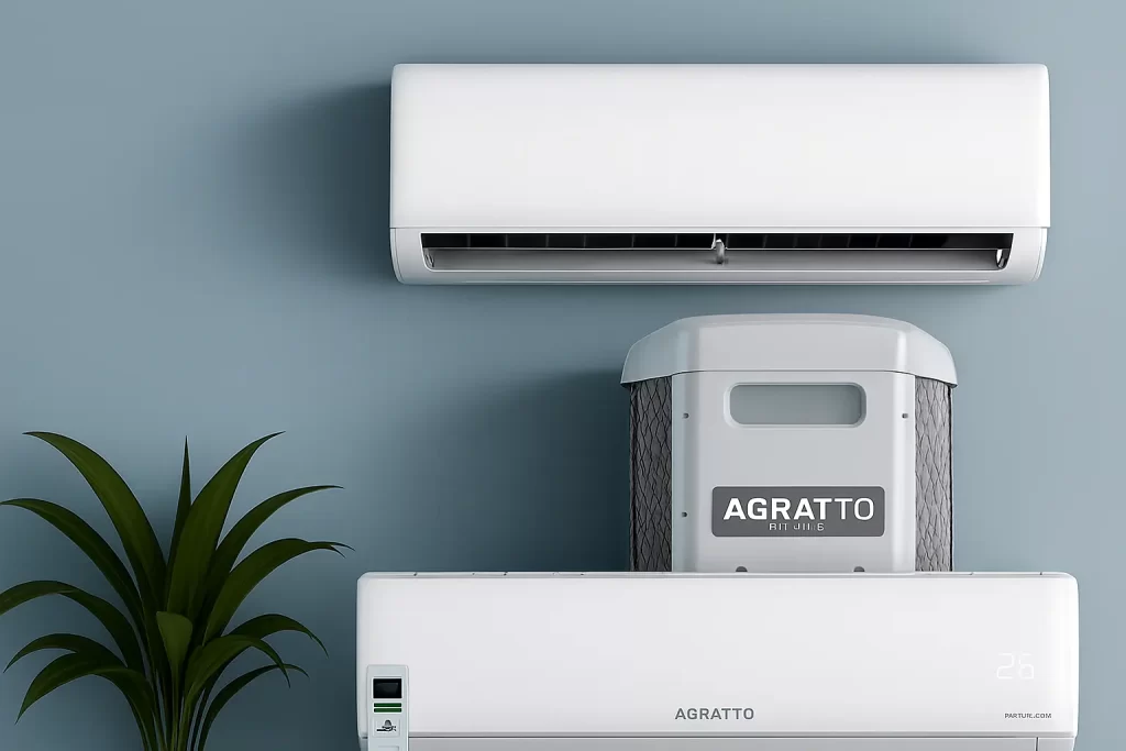 Ar condicionado barato Agratto Split Inverter 9000 BTUs instalado em parede azul com planta decorativa ao lado