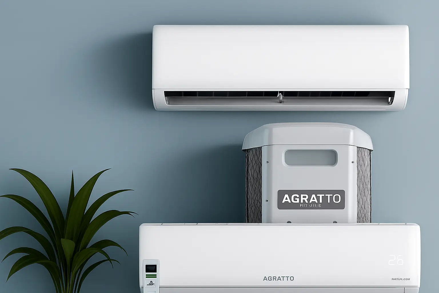 Ar condicionado barato Agratto Split Inverter 9000 BTUs instalado em parede azul com planta decorativa ao lado
